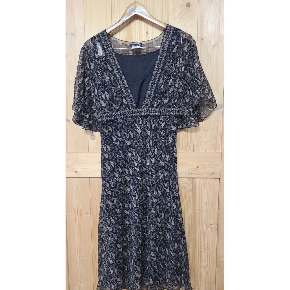 Max Edition Silk Midi Dress Womens XL Black Floral Good Flutter Sleeves